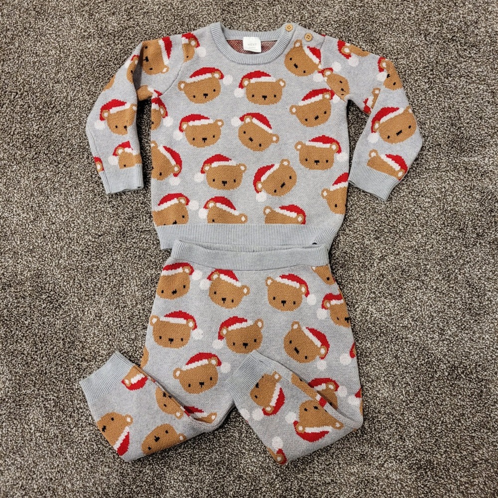 Next Baby 9-12 Months Bear Santa Hat Holiday Knit Sweater Pants Set